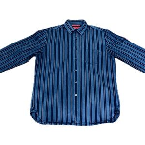 Men’s Blue, and green, striped Alfani button-up fitted shirt. Size medium.